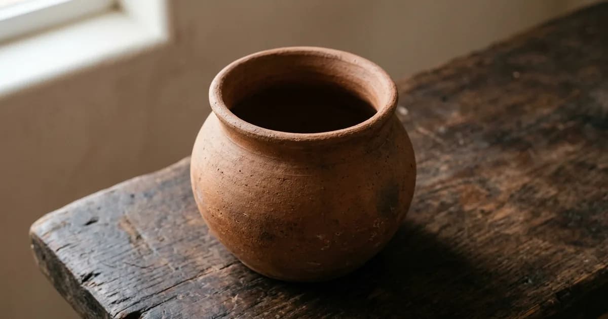 A simple empty unglazed clay pot resting on dark aged wood, its hollow interior visible from above, soft overhead natural light from the upper left
