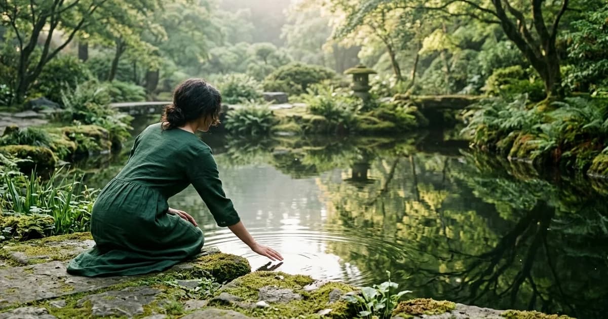 A woman kneeling at the mossy stone edge of a calm garden pool seen from behind, one hand resting open on the still water surface, shoulders relaxed, morning light filtering through trees and glinting on the mirror-smooth water