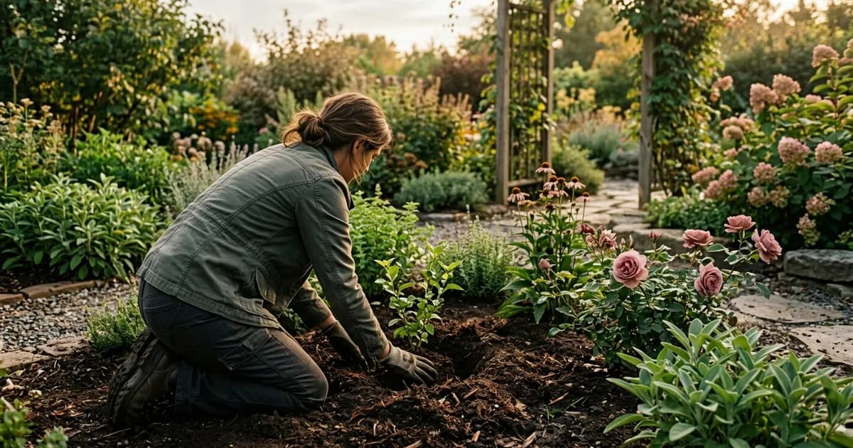 A woman kneeling in a garden seen from behind and to the side, hands in the soil tending a plant she is placing in the ground, morning light warm across the green garden around her