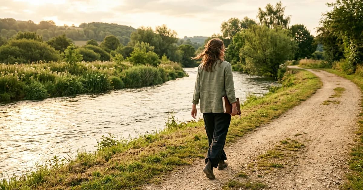 A woman walking along a river path in the same direction as the current beside her, journal under one arm, purposeful and light, morning light on the water and the path ahead