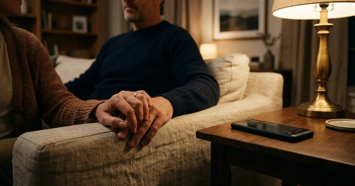 Two hands, one holding the other gently, resting on a table with a phone face-down and out of reach in the background