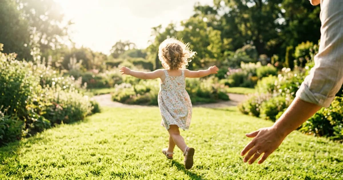 A small child with bright eyes, in motion, photographed from behind, warm morning light