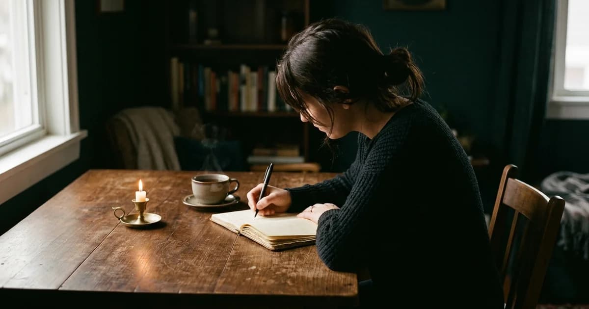 A woman seated at a table, leaning forward over an open journal and writing carefully, seen from the side, a candle and cup of tea beside her, warm afternoon light across the page