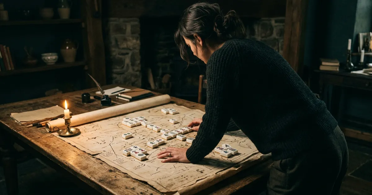 A woman studying a map spread on a large table with mahjong tiles arranged as markers, the act of strategic planning with the Mirror's tools, deliberate and purposeful