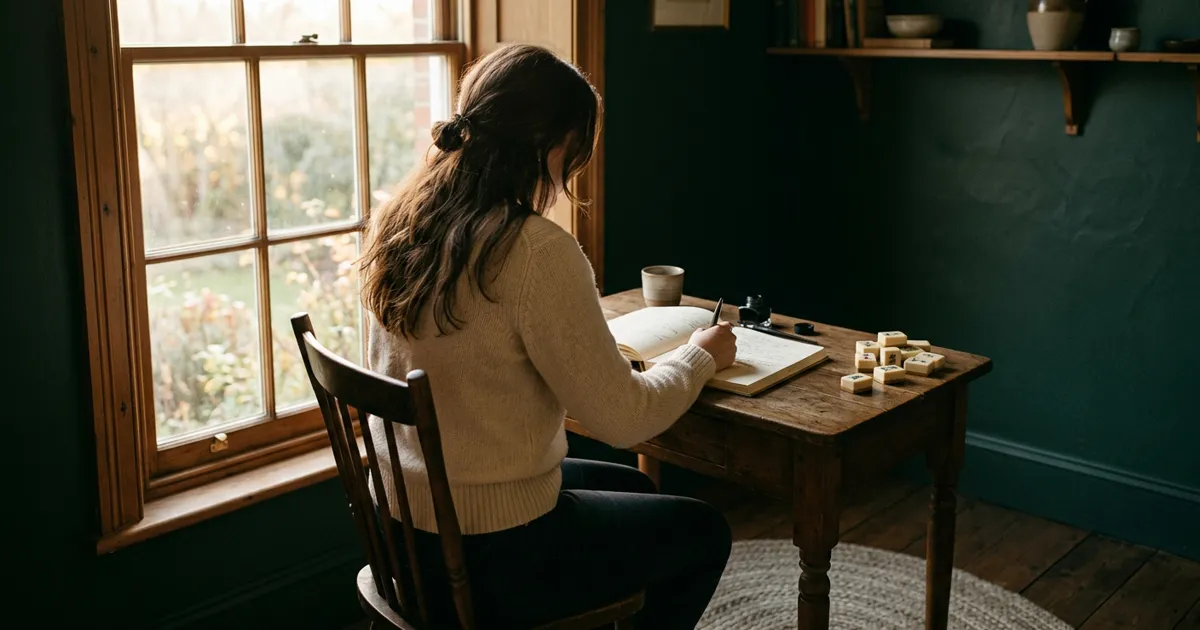 A woman's hands pausing over an open journal, pen set down, several mahjong tiles arranged nearby on a dark wood surface, warm candlelight, a contemplative moment