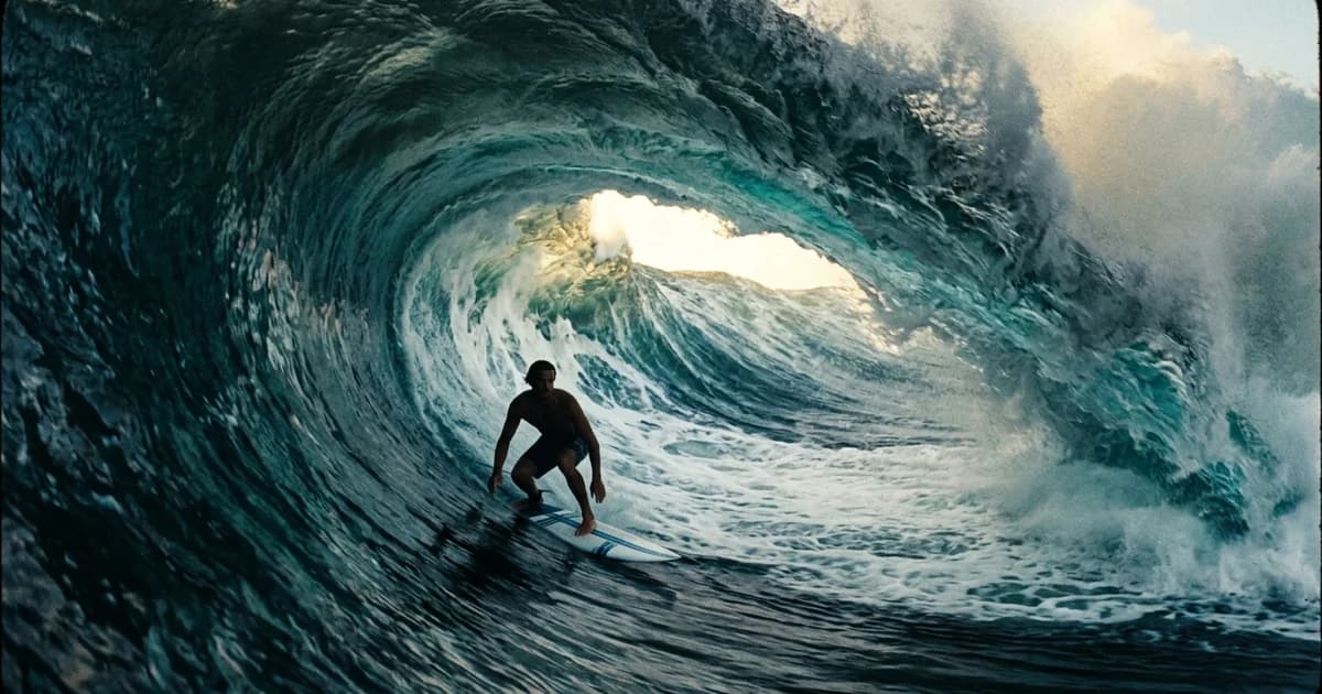 A lone surfer mid-ride inside the barrel of a large ocean wave, body low and still, arms relaxed, the tunnel of translucent blue-green water arching over him, sunlight breaking through the lip of the curl