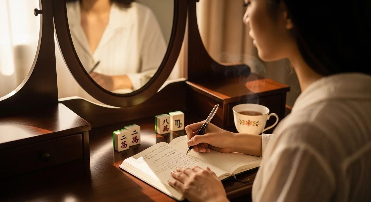 Two people sitting across from each other at a worn wooden table, each holding a handwritten page, the moment of honest listening in the Mahjong Mirror wedding planning framework