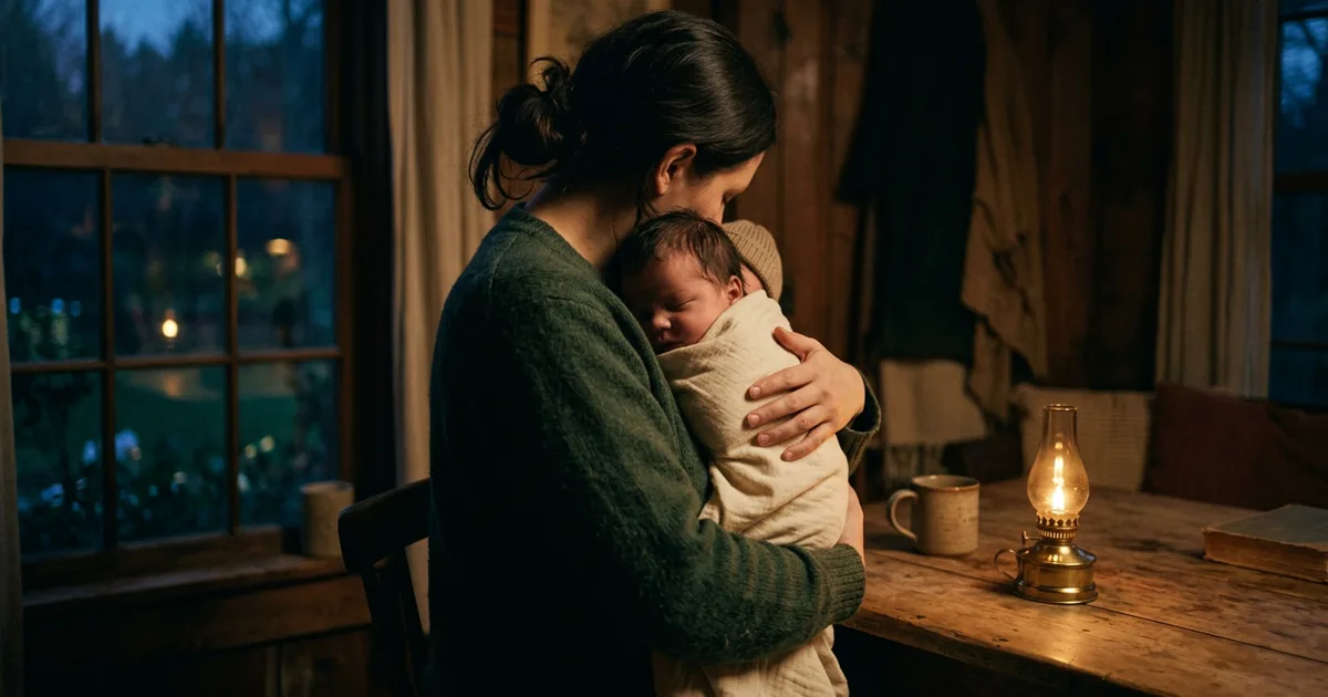 A small child held close against a parent's chest at dusk, warm firelight glow, both faces turned away from camera