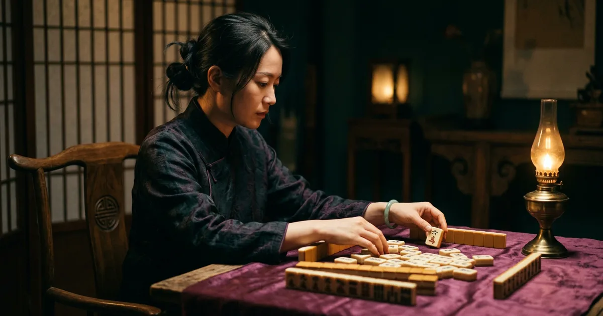 A woman seated alone at a candlelit table, drawing a Mahjong card from a spread, her expression focused and inward. The moment of honest self-reflection.