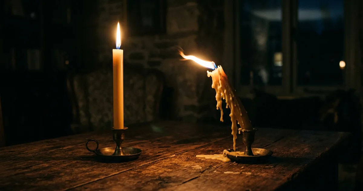 Two candle flames close together on a dark table, one steady and one flickering, symbolizing controlled versus uncontrolled passion