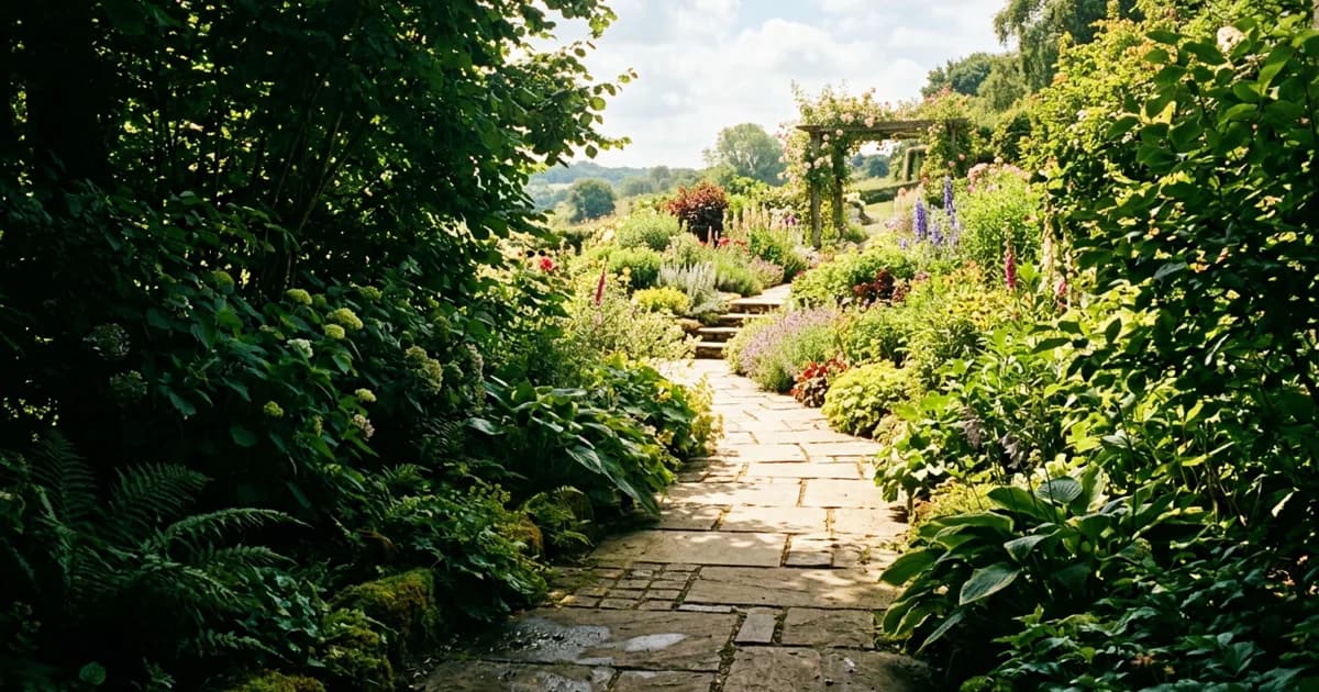 A sunlit garden path in the height of summer. Warm light filtering through green leaves, the feeling of arrival at something anticipated.