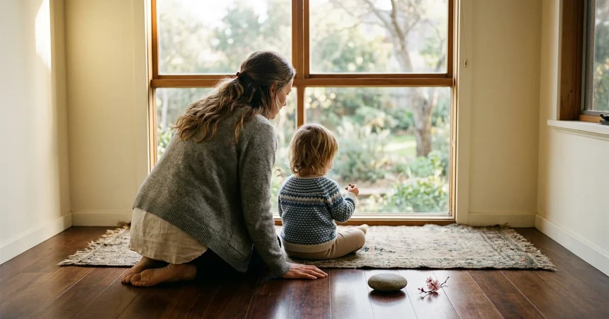 A woman from behind, sitting cross-legged on a floor, with a small child in her lap facing away, both looking at a window with soft morning light