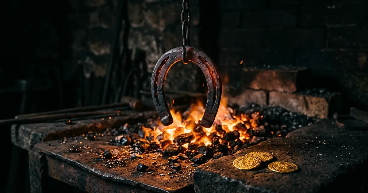 A horseshoe forged in fire above glowing embers and antique gold coins: the elemental transformation of fire into metal wealth in the Fire Horse year