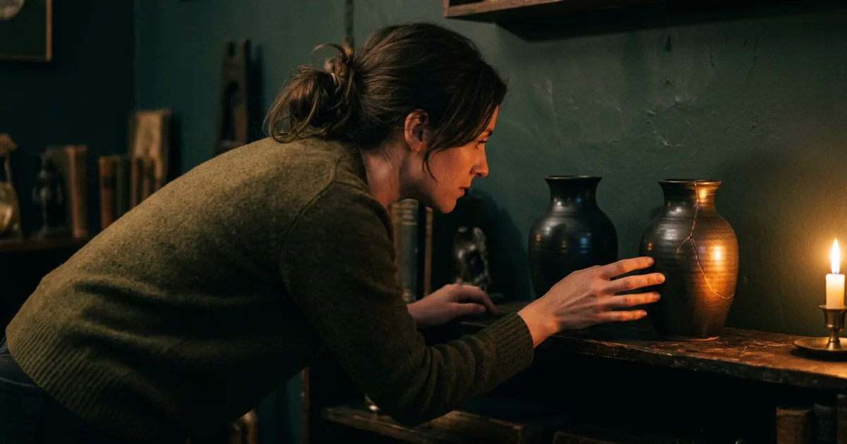 A woman in profile looking at a reflection in dark water, surrounded by warm candlelight, representing honest self-reflection in love during the Fire Horse year